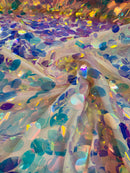 Pink Mesh/Clear Iridescent Jumbo Oval Sequins Fabric - Clear  Iridescent Oval Shape Teardrop Sequins Fabric By Yard