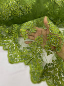 Olive Beaded Fabric - Floral Beads and Sequins Embroidered on a Mesh Sold By Yard