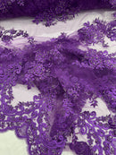Purple Beaded Fabric, Floral Beads and Sequins Embroidered on a Mesh Sold By Yard