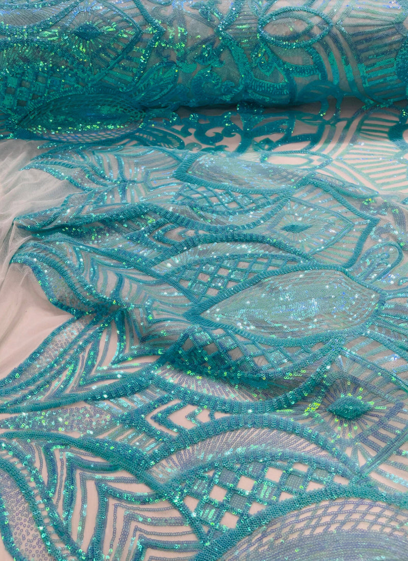 Mint Iridescent Sequin Fabric, Royalty Design Embroidered With Sequin on a 4 Way Stretch Sequin Fabric Mesh-Prom-Gown By The Yard