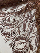 Brown Beaded Embroidered Fabric - Embroidered Heart and Feather Pattern Fabric Sold By Yard