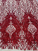 Red Sequins Lace Fabric On Nude Mesh, DAMASK Design Embroidered On a Mesh 4 way Stretch Sequin By The Yard -Prom-Gown ( Choose The Size )