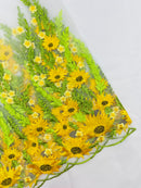 Yellow Sunflower Lace 3D Fabric - White Mesh Sunflower Lace Design Sold By Yard