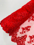 Red Beaded Fabric - Floral Beads and Sequins Embroidered on a Mesh Sold By Yard