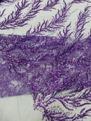 Lilac Beaded Fabric by the yard, Bridal beaded, Damask Pattern With Beads and Sequin