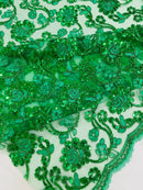 Corded Lace Flower Fabric - Emerald Green - Floral Design Embroidered Sequins on Mesh Lace Fabric