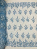 3D Floral Valentina Lace Fabric - Baby Blue - Sequins and Beads on Flower Design Fabric By Yard