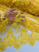 Beaded Fabric Sold By The Yard, Floral Beads and Sequins Embroidered on a Mesh