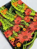 Red Sunflower Lace 3D Fabric - Black Mesh Sunflower Lace Design Sold By Yard