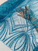 Turquoise Embroidery Beaded Fabric By The Yard