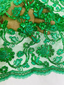 Corded Lace Flower Fabric - Emerald Green - Floral Design Embroidered Sequins on Mesh Lace Fabric