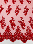 Red Beaded Fabric - Floral Beads and Sequins Embroidered on a Mesh Sold By Yard