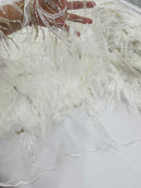 White Beads and Sequins Lace Fabric With Feathers by the yard, Fashion 3D Feather Lace Fabric With Beaded Fabric