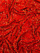 Red Green Iridescent Sequin Fabric: Red Stretch Velvet (58/60" Wide)