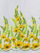 Yellow Sunflower Lace 3D Fabric - White Mesh Sunflower Lace Design Sold By Yard