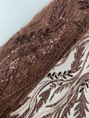 Brown Beaded Embroidered Fabric - Embroidered Heart and Feather Pattern Fabric Sold By Yard