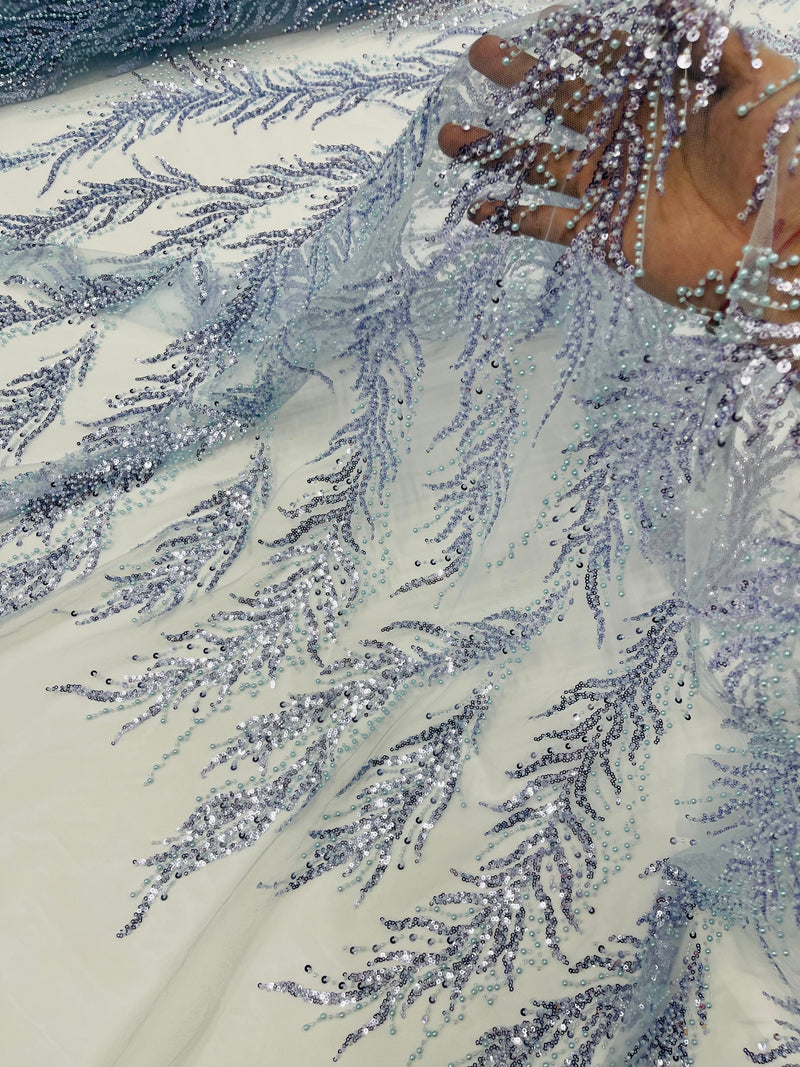 Baby Blue Beaded Fabric by the yard, Bridal beaded, Damask Pattern With Beads and Sequin