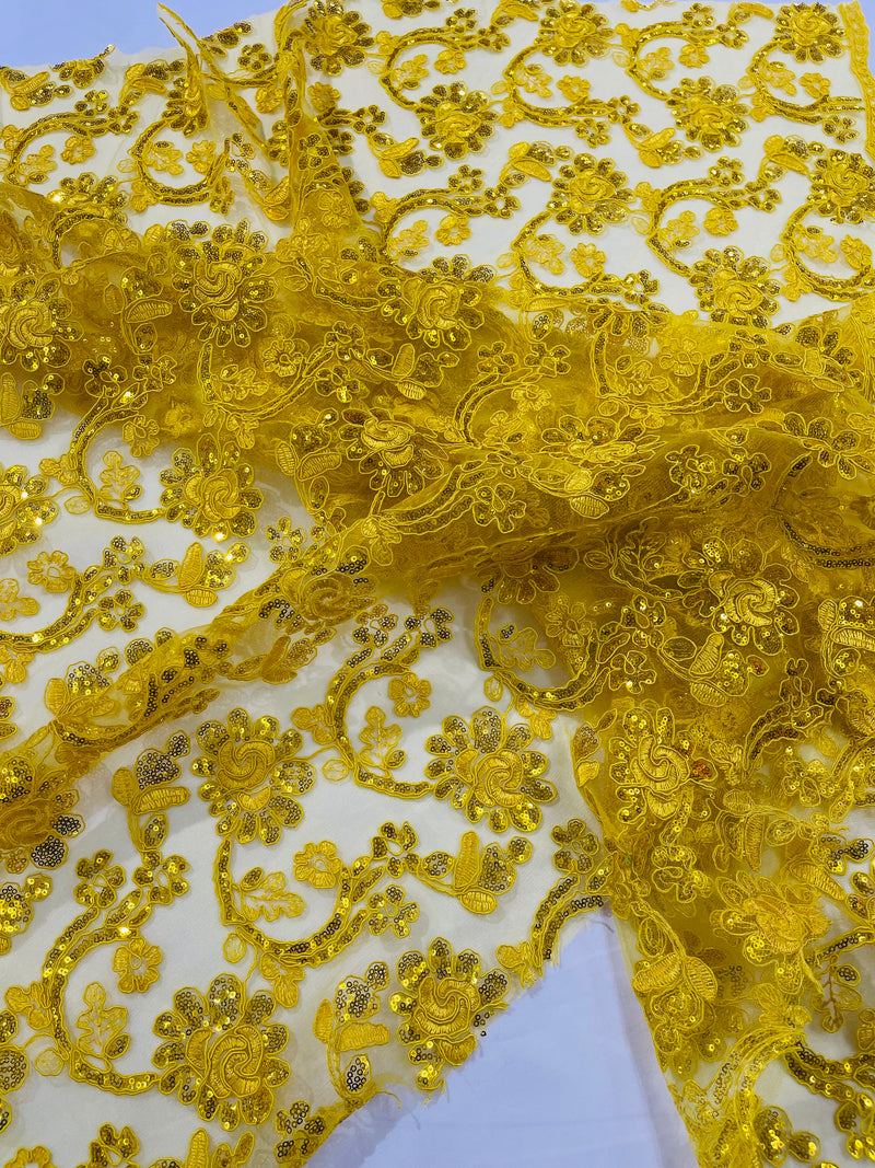 Corded Lace Flower Fabric - Yellow - Floral Design Embroidered Sequins on Mesh Lace Fabric