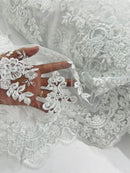 White Beaded Fabric - Floral Beads and Sequins Embroidered on a Mesh Sold By Yard