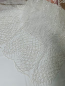 Beaded Embroidered Fabric - Crear White - Embroidered Heart and Feather Pattern Fabric By Yard
