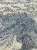 Baby Blue Beaded Fabric by the yard, Bridal beaded, Damask Pattern With Beads and Sequin