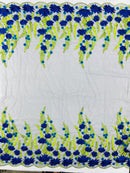 Royal Blue Sunflower Lace 3D Fabric - Black Mesh Sunflower Lace Design Sold By Yard