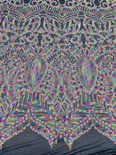 Multi Color Royalty Design Sequins Fabric on Black Mesh 4 Way Stretch Sequins Fabric By Yard