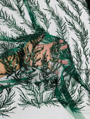 Hunter Green Beaded Fabric by the yard, Bridal beaded, Damask Pattern With Beads and Sequin