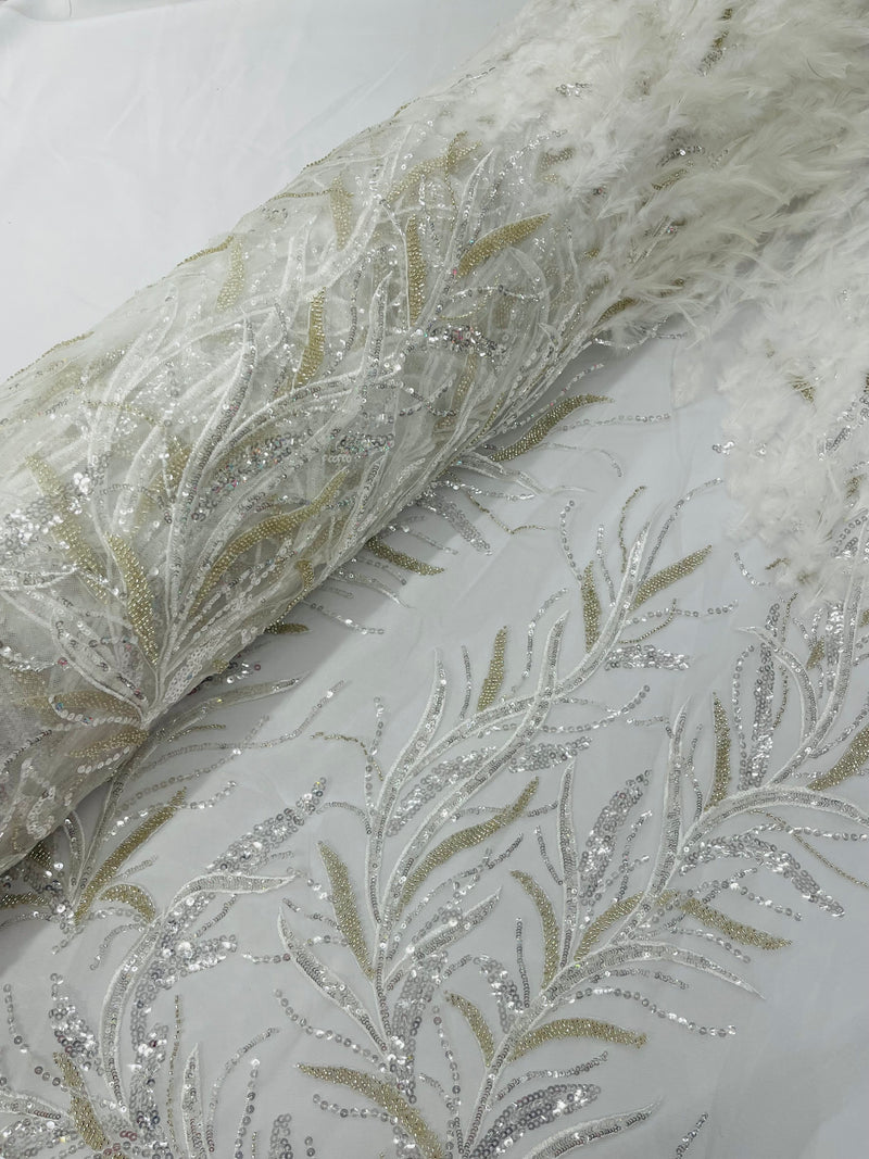 White Beads and Sequins Lace Fabric With Feathers by the yard, Fashion 3D Feather Lace Fabric With Beaded Fabric