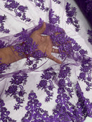 Purple Beaded Fabric, Floral Beads and Sequins Embroidered on a Mesh Sold By Yard