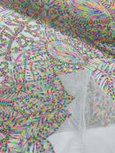 Multi Color Royalty Design Sequins Fabric on White Mesh 4 Way Stretch Sequins Fabric By Yard