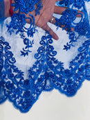 Royal Blue Beaded Fabric - Floral Beads and Sequins Embroidered on a Mesh Sold By Yard