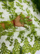 Olive Beaded Fabric - Floral Beads and Sequins Embroidered on a Mesh Sold By Yard