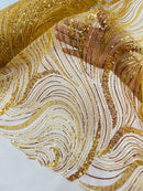 Gold Embroidery Beaded Fabric Fashion Design By The Yard