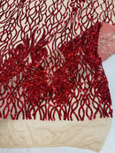 Red Sequins Lace Fabric On Nude Mesh, DAMASK Design Embroidered On a Mesh 4 way Stretch Sequin By The Yard -Prom-Gown ( Choose The Size )