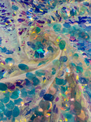 White Mesh/Clear Iridescent Jumbo Oval Sequins Fabric - Clear  Iridescent Oval Shape Teardrop Sequins Fabric By Yard