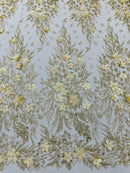 Flower 3D Glitter Fabric - Gold - Embroidered Floral Sequin Fabric by Yard