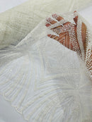 White Embroidery Beaded Fabric by Yard, Sequin on a Mesh with Floral Lace