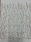 Clear Beaded Fabric Pink Mesh by the yard, Bridal beaded Damask With Beads and Sequin