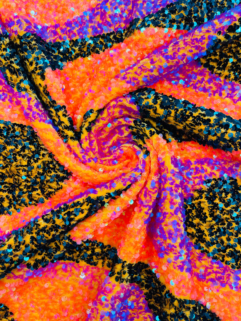Orange Magenta Green Wavy Line Design Velvet Sequins - Velvet Sequins Fabric 2 Way Stretch 58"- 60" By Yard