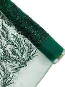 Hunter Green Beaded Fabric by the yard, Bridal beaded, Damask Pattern With Beads and Sequin