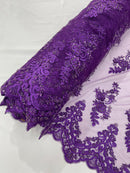 Purple Beaded Fabric, Floral Beads and Sequins Embroidered on a Mesh Sold By Yard