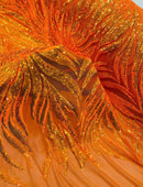 Feather Wings Sequins - Orange Iridescent - 4 Way Stretch Embroidered Sequin By Yard