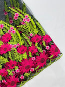 Fuchsia Sunflower Lace 3D Fabric - Black Mesh Sunflower Lace Design Sold By Yard