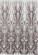 Brown Beaded Fabric by the yard, Bridal beaded, Damask Pattern With Beads and Sequin