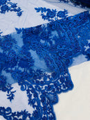 Royal Blue Beaded Fabric - Floral Beads and Sequins Embroidered on a Mesh Sold By Yard