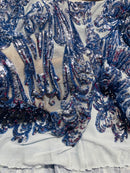 Blue Sequin Fabric by The Yard, 4 Way Stretch Big Damask on Spandex Mesh