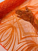 Orange Embroidery Beaded Fabric By The Yard