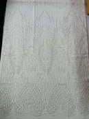 Beaded Embroidered Fabric - Crear White - Embroidered Heart and Feather Pattern Fabric By Yard