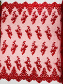 Red Beaded Fabric - Floral Beads and Sequins Embroidered on a Mesh Sold By Yard